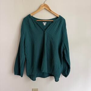 L.L.Bean Teal Blue Green Muslin Cotton Collarless Blouse Size 1X